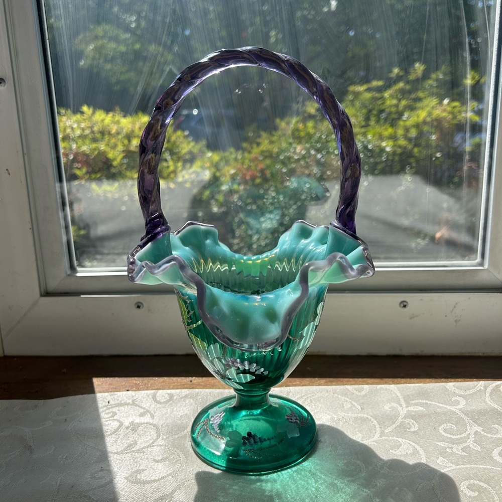 Elegant Glass Basket with Purple and Green Accents